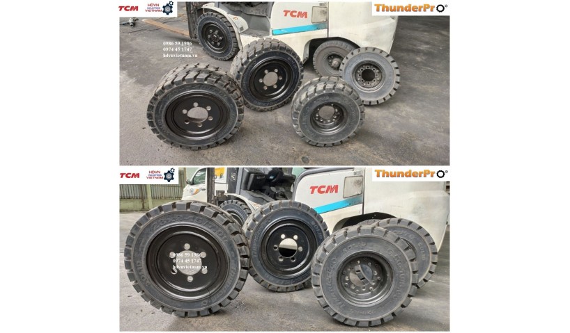 Thay lốp xe nâng Thunderpro 28x9-15 và 650-10 cho xe nâng 3 tấn TCM FD30T3Z tại nhà máy Anco Hà Nam